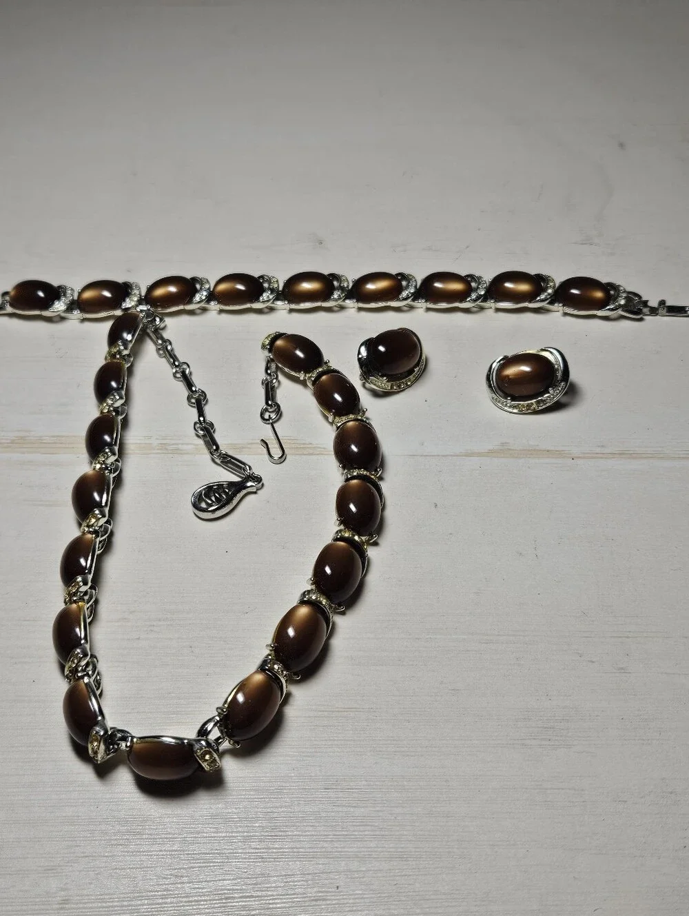 Vintage Signed CORO Sterling Silver 3-Pc Parure Set Brown Moonstone Rhinestone